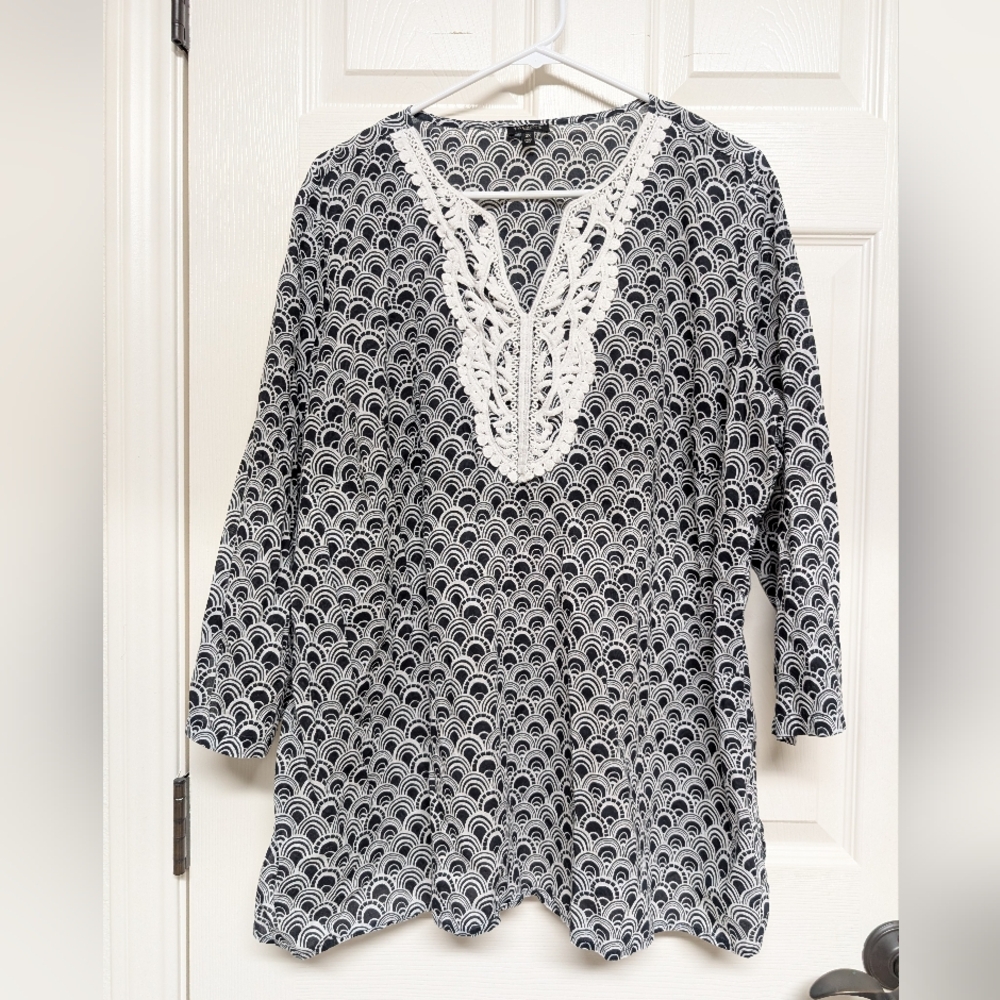 Talbots Crochet Black White Tunic Top Scallop Print 3/4 Sleeve 100% Cotton 2X